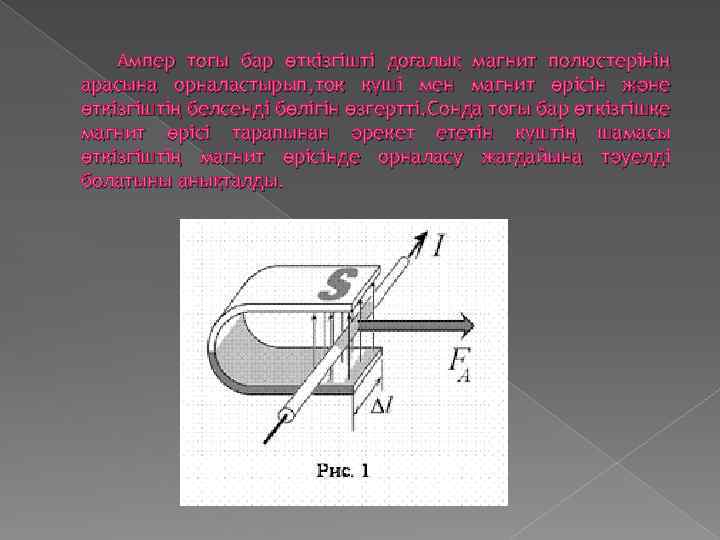 Ампер тогы бар өткізгішті доғалық магнит полюстерінің арасына орналастырып, ток күші мен магнит өрісін