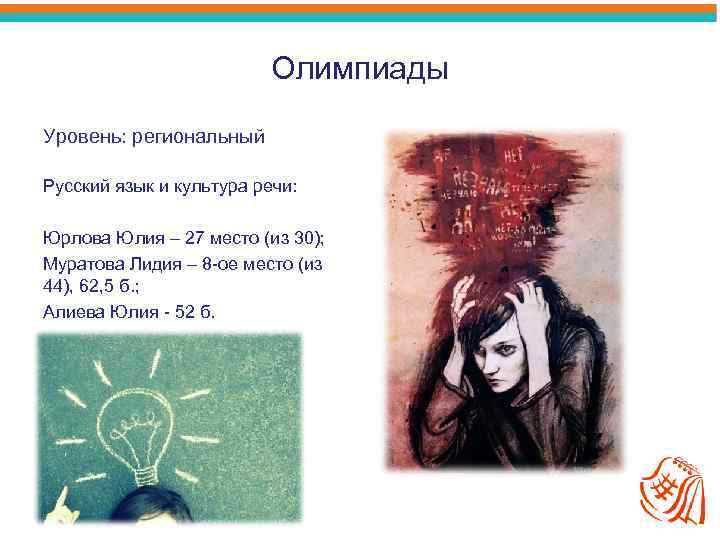 Олимпиады Уровень: региональный Русский язык и культура речи: Юрлова Юлия – 27 место (из