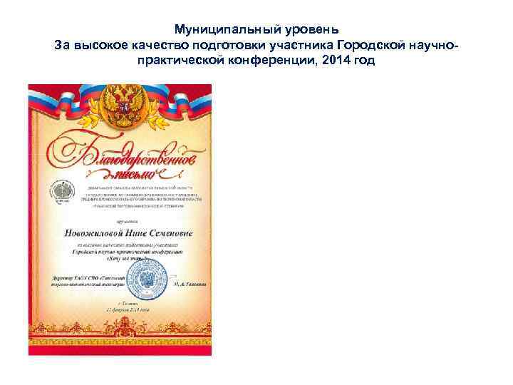 Муниципальный уровень За высокое качество подготовки участника Городской научнопрактической конференции, 2014 год 
