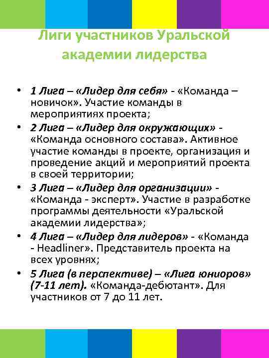 Лиги участников Уральской академии лидерства • 1 Лига – «Лидер для себя» - «Команда