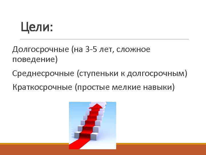 Цели: Долгосрочные (на 3 -5 лет, сложное поведение) Среднесрочные (ступеньки к долгосрочным) Краткосрочные (простые