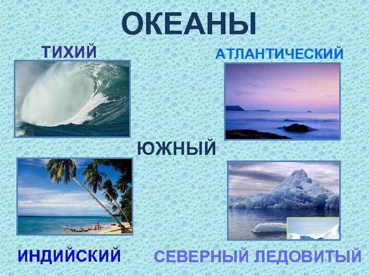 ОКЕАНЫ ТИХИЙ АТЛАНТИЧЕСКИЙ ЮЖНЫЙ ИНДИЙСКИЙ СЕВЕРНЫЙ ЛЕДОВИТЫЙ 