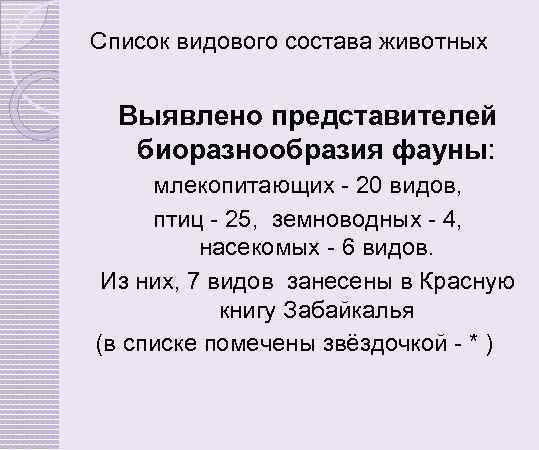 Список видового состава животных Выявлено представителей биоразнообразия фауны: млекопитающих - 20 видов, птиц -