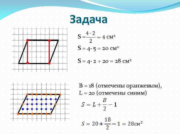 Задача S = см 2 S = 4· 5 = 20 см 2 S
