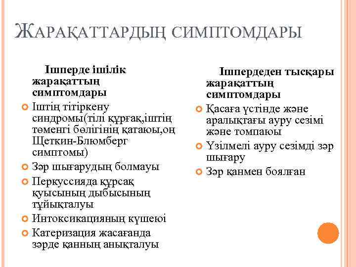 ЖАРАҚАТТАРДЫҢ СИМПТОМДАРЫ Ішперде ішілік жарақаттың симптомдары Іштің тітіркену синдромы(тілі құрғақ, іштің төменгі бөлігінің қатаюы,