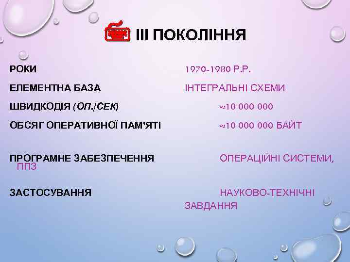  ІІІ ПОКОЛІННЯ РОКИ 1970 -1980 Р. Р. ЕЛЕМЕНТНА БАЗА ІНТЕГРАЛЬНІ СХЕМИ ШВИДКОДІЯ (ОП.