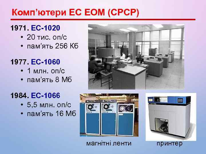 Комп’ютери ЕС ЕОМ (СРСР) 1971. ЕС-1020 • 20 тис. оп/c • пам’ять 256 Кб