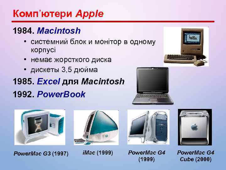 Комп’ютери Apple 1984. Macintosh • системний блок и монітор в одному корпусі • немає