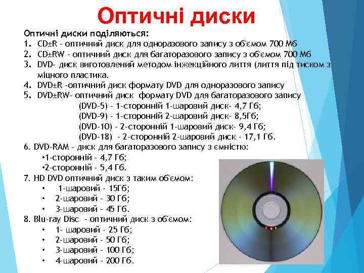 Оптичні диски поділяються: 1. CD±R – оптичний диск для одноразового запису з об'ємом 700