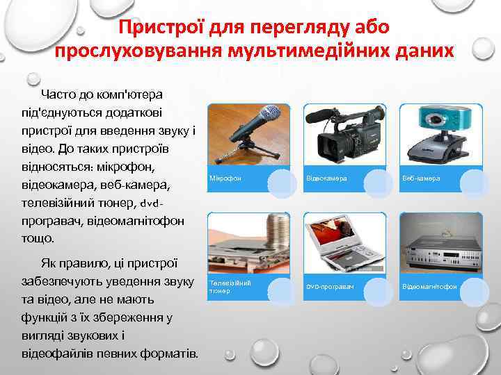 Пристрої для перегляду або прослуховування мультимедійних даних Часто до комп'ютера під'єднуються додаткові пристрої для