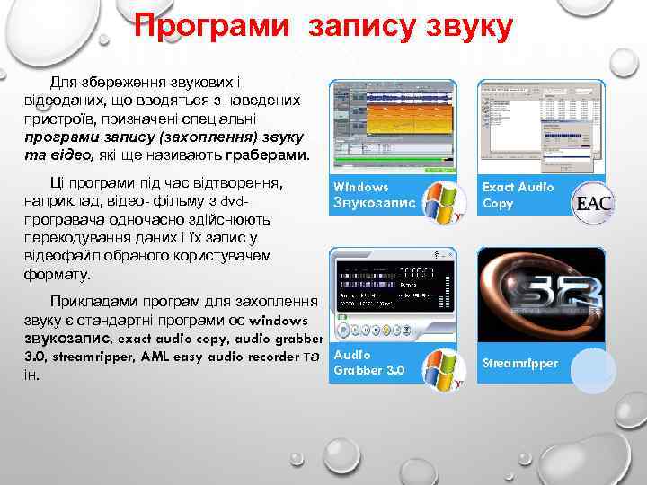 Програми запису звуку Для збереження звукових і відеоданих, що вводяться з наведених пристроїв, призначені