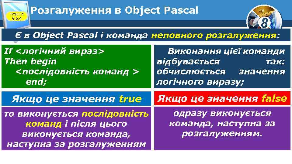 Розділ 6 § 6. 4 Розгалуження в Object Pascal 8 Є в Object Pascal