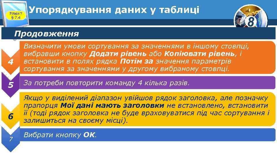 Розділ 7 § 7. 4 Упорядкування даних у таблиці Продовження 4 8 Визначити умови