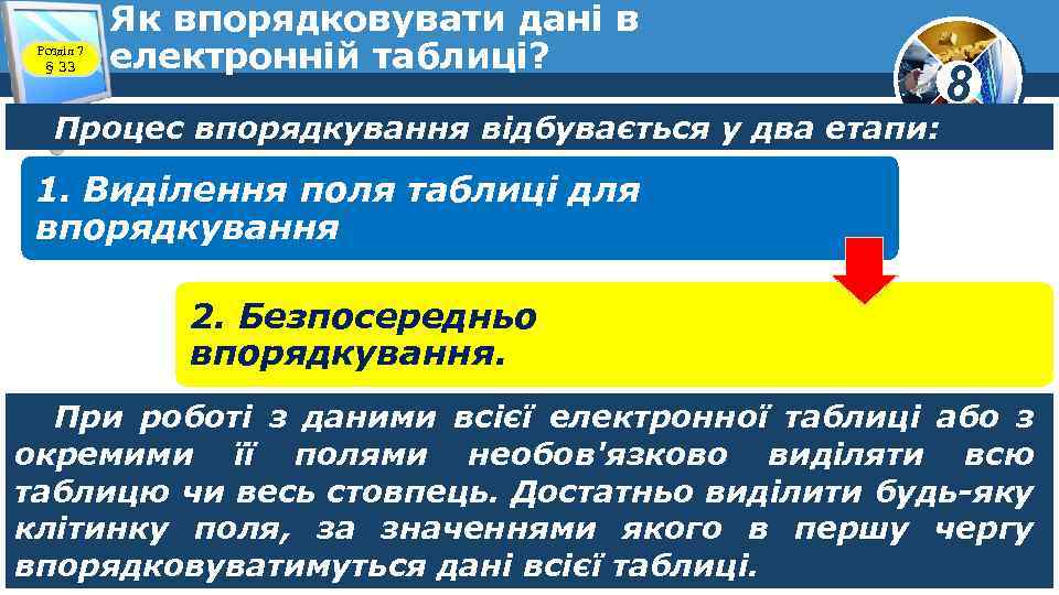 Розділ 7 § 33 Як впорядковувати дані в електронній таблиці? Процес впорядкування відбувається у