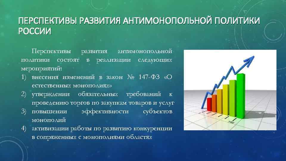 ПЕРСПЕКТИВЫ РАЗВИТИЯ АНТИМОНОПОЛЬНОЙ ПОЛИТИКИ РОССИИ Перспективы развития антимонопольной политики состоят в реализации следующих мероприятий: