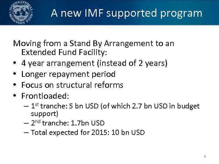 A new IMF supported program Moving from a Stand By Arrangement to an Extended