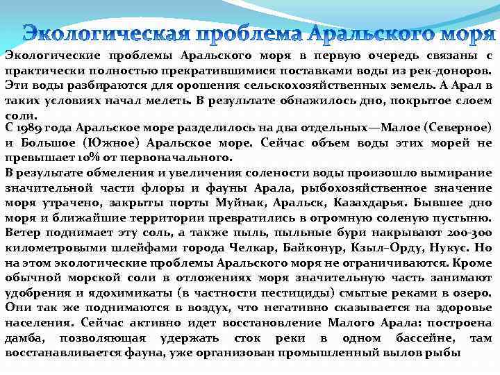 Экологические проблемы Аральского моря в первую очередь связаны с практически полностью прекратившимися поставками воды