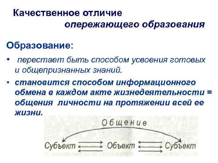 Качественное отличие опережающего образования Образование: • перестает быть способом усвоения готовых и общепризнанных знаний.