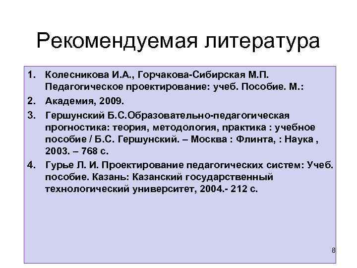 Рекомендуемая литература 1. Колесникова И. А. , Горчакова-Сибирская М. П. Педагогическое проектирование: учеб. Пособие.