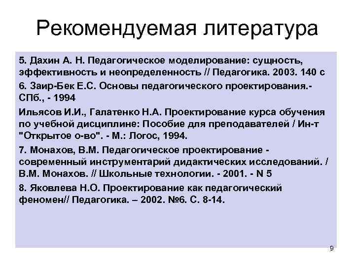 Рекомендуемая литература 5. Дахин А. Н. Педагогическое моделирование: сущность, эффективность и неопределенность // Педагогика.