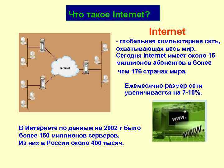Что такое Internet? Internet - глобальная компьютерная сеть, охватывающая весь мир. Сегодня Internet имеет