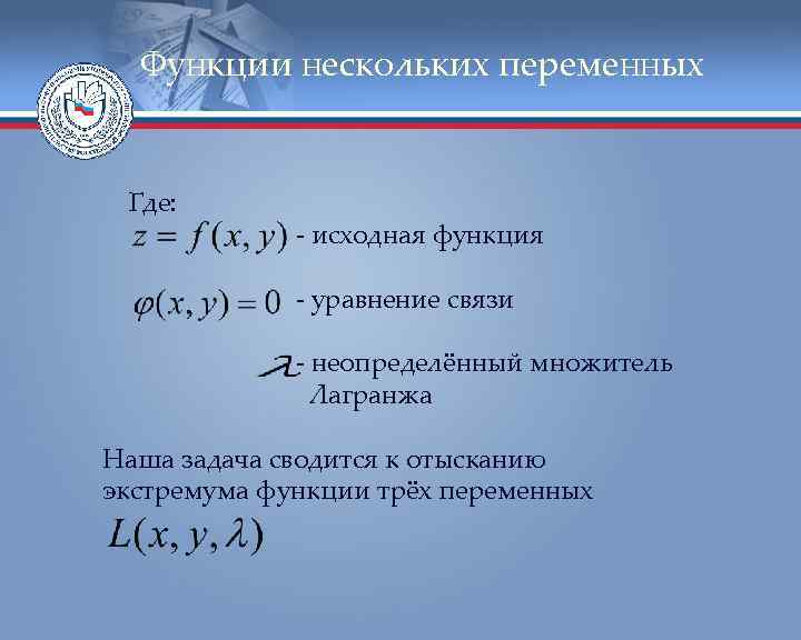 Функции нескольких переменных Где: - исходная функция - уравнение связи - неопределённый множитель Лагранжа