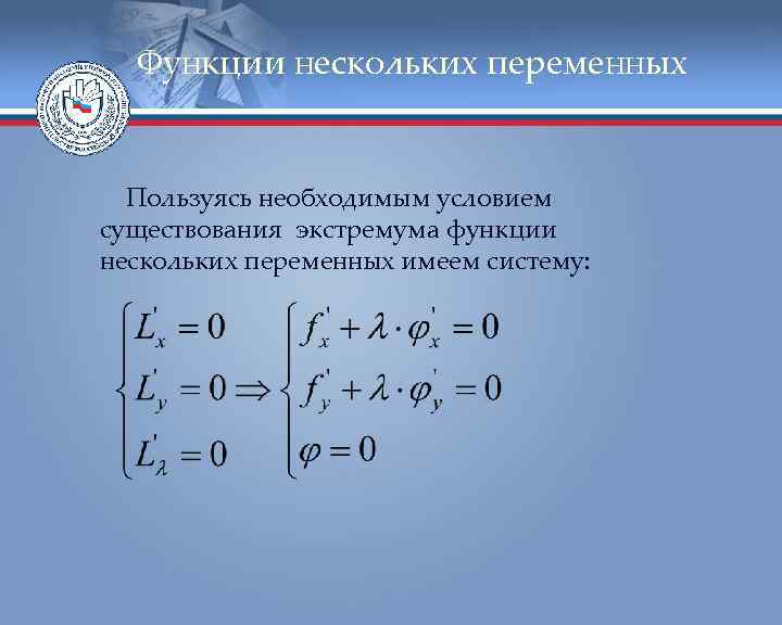 Функции нескольких переменных Пользуясь необходимым условием существования экстремума функции нескольких переменных имеем систему: 