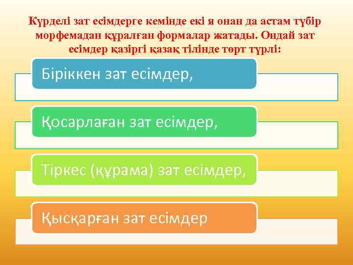 Күрделі зат есімдерге кемінде екі я онан да астам түбір морфемадан құралған формалар жатады.