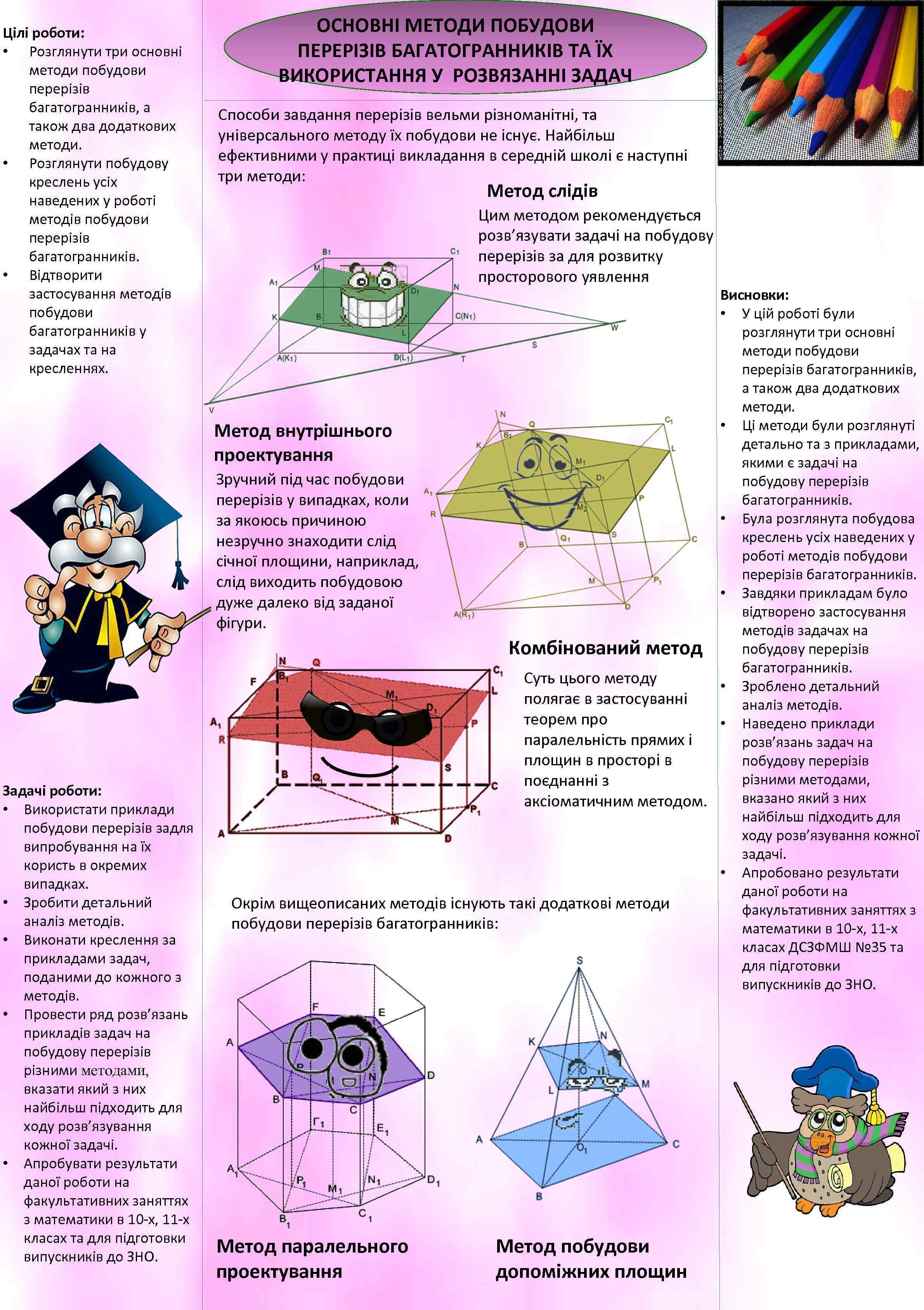 Цілі роботи: • Розглянути три основні методи побудови перерізів багатогранників, а також два додаткових