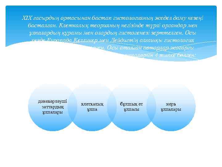 XIX ғасырдың ортасынан бастап гистологияның жедел даму кезеңі басталған. Клеткалық теорияның негізінде түрлі органдар