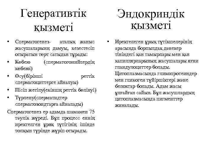 Генеративтік қызметі • Сперматогенезаталық жаныс жасушаларынң дамуы, кезестесіп отыратын төрт сатыдан тұрады: • Көбею