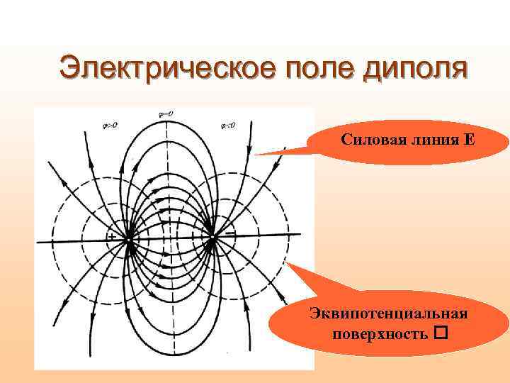 Электрическое поле диполя Силовая линия E Эквипотенциальная поверхность 