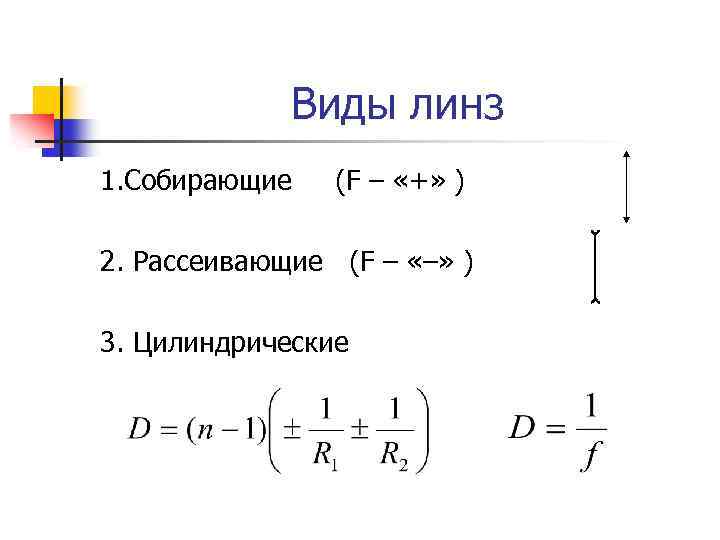 Виды линз 1. Собирающие (F – «+» ) 2. Рассеивающие (F – «–» )