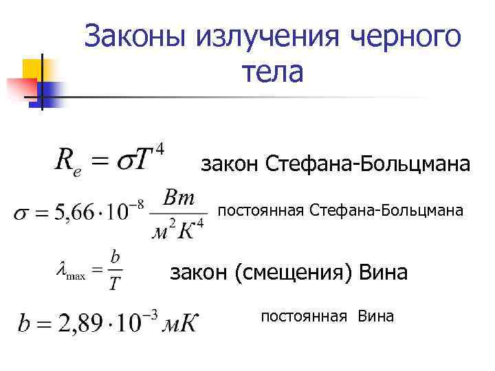 Законы излучения черного тела закон Стефана-Больцмана постоянная Стефана-Больцмана закон (смещения) Вина постоянная Вина 