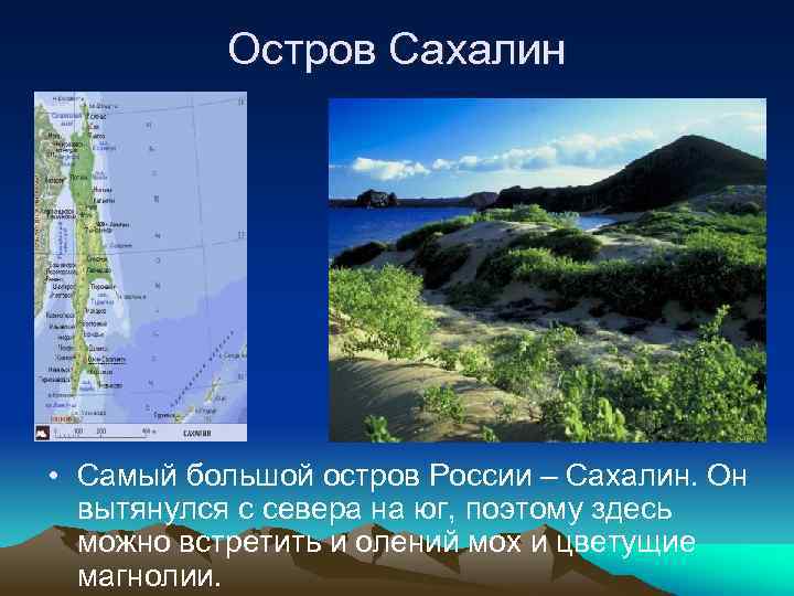 Остров Сахалин • Самый большой остров России – Сахалин. Он вытянулся с севера на