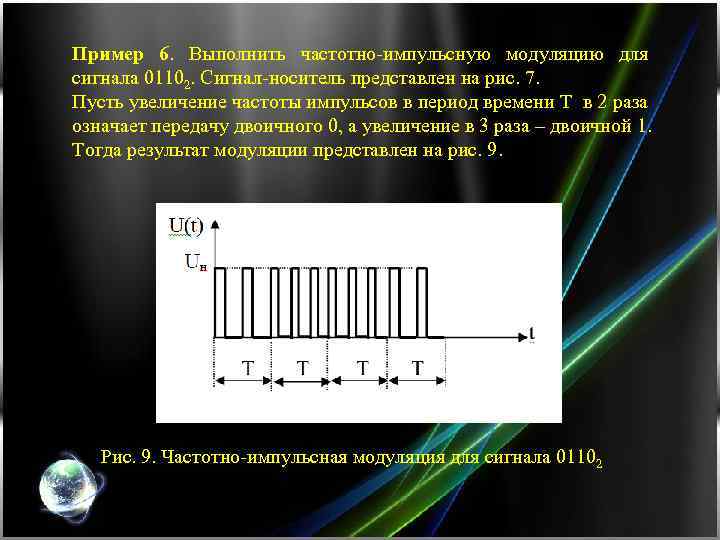 Пример 6. Выполнить частотно-импульсную модуляцию для сигнала 01102. Сигнал-носитель представлен на рис. 7. Пусть