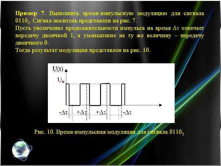 Пример 7. Выполнить время-импульсную модуляцию для сигнала 01102. Сигнал-носитель представлен на рис. 7. Пусть