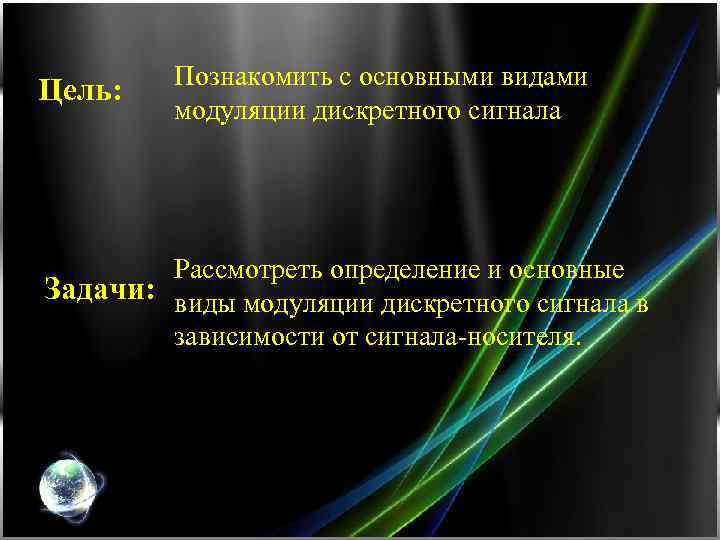 Цель: Познакомить с основными видами модуляции дискретного сигнала Рассмотреть определение и основные Задачи: виды