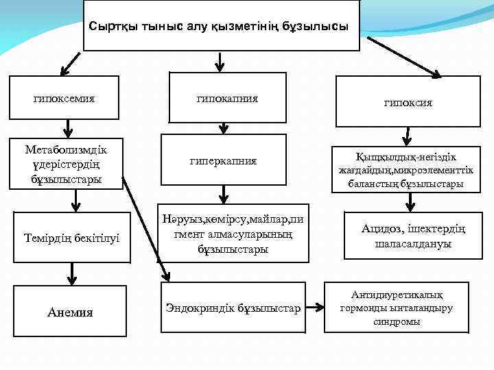 Сыртқы тыныс алу қызметінің бұзылысы гипоксемия Метаболизмдік үдерістердің бұзылыстары Темірдің бекітілуі Анемия гипокапния гиперкапния