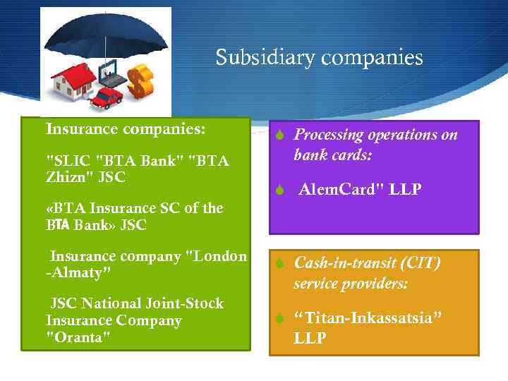 Subsidiary companies S Insurance companies: S "SLIC "BTA Bank" "BTA Zhizn" JSC S Processing