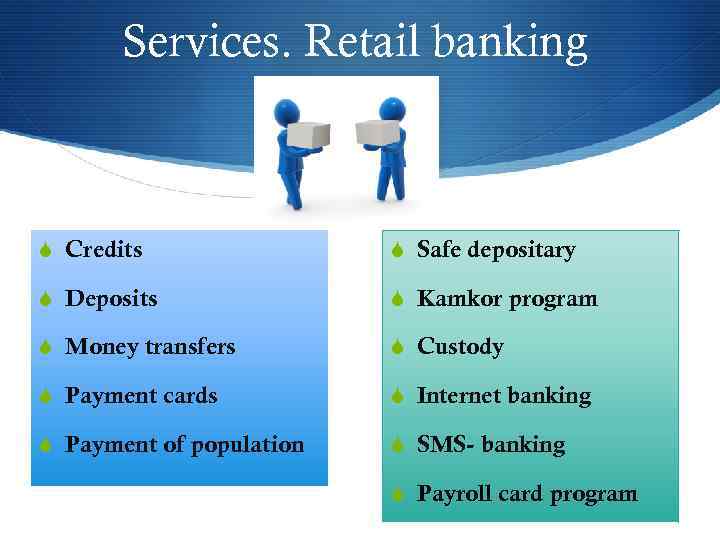 Services. Retail banking S Credits S Safe depositary S Deposits S Kamkor program S