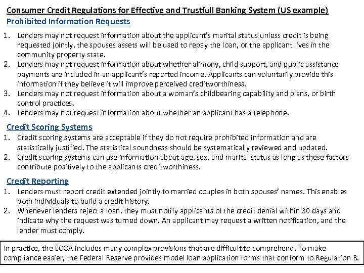 Consumer Credit Regulations for Effective and Trustfull Banking System (US example) Prohibited Information Requests