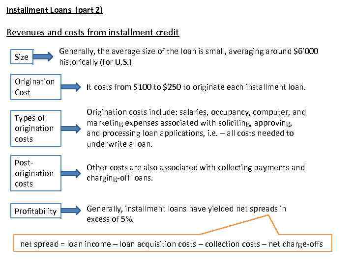 Installment Loans (part 2) Revenues and costs from installment credit Size Generally, the average