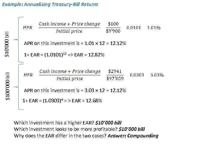 $100’ 000 bill $10’ 000 bill Example: Annualizing Treasury-Bill Returns APR on this investment
