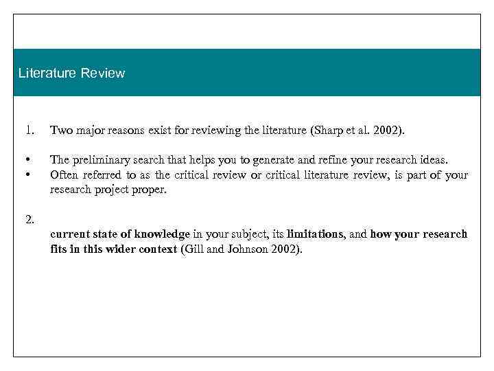 Literature Review 1. Two major reasons exist for reviewing the literature (Sharp et al.