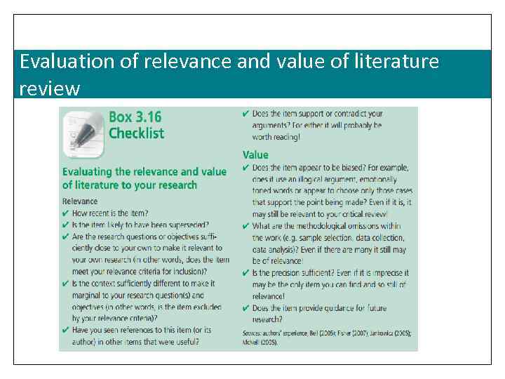 Evaluation of relevance and value of literature review 