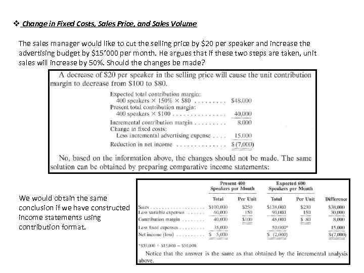 v Change in Fixed Costs, Sales Price, and Sales Volume The sales manager would