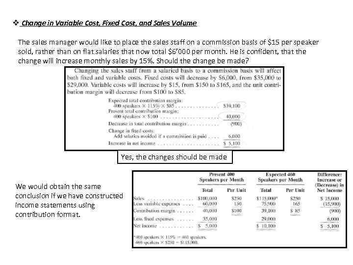 v Change in Variable Cost, Fixed Cost, and Sales Volume The sales manager would