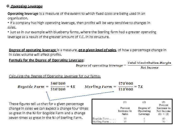 v Operating Leverage Operating leverage is a measure of the extent to which fixed