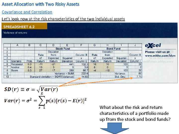 Covariance and Correlation Let’s look now at the risk characteristics of the two individual